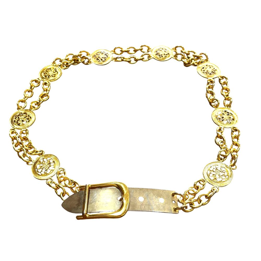 Vintage 1980's chunky gold double chain belt O/S station links textured disks